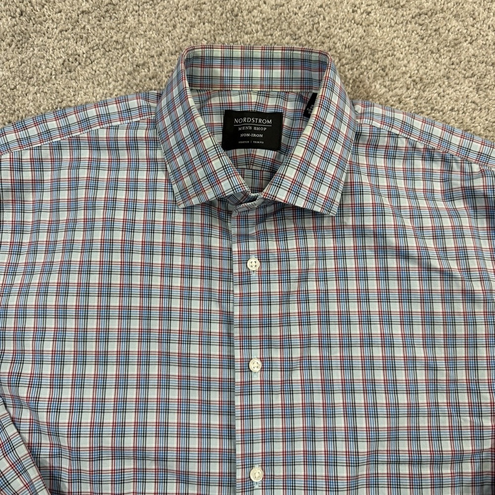 Nordstrom Mens Shop Button Up Shirt L 16 Plaid Non Iron Stretch‎ Trim Fit Blue